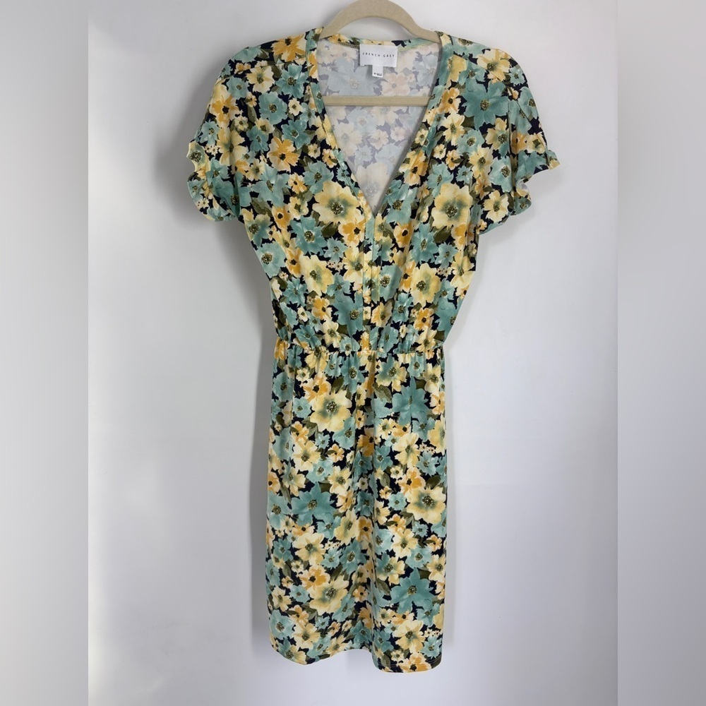 French Grey Dress Yellow/ Green Floral V Neck Tie Waist Short Sleeve- Med